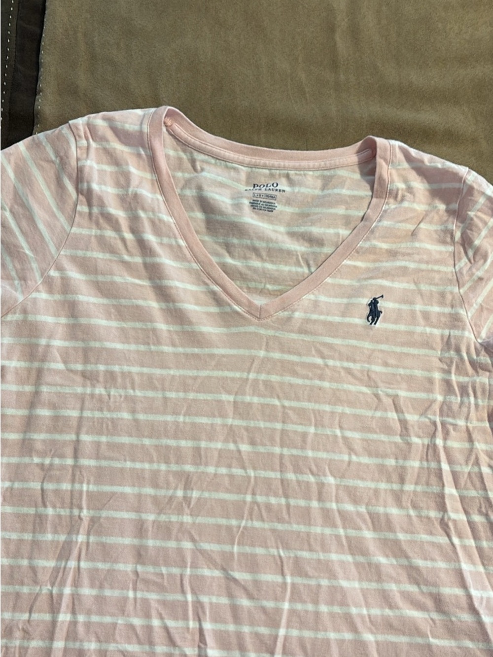 Polo by Ralph Lauren Pink & White Striped V-Neck Tee with Navy Pony